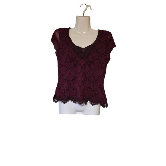 Babydoll Petite Burgundy Y2K Whimpsygoth Grunge Lace Overlay Cap Sleeve Top - PM - Picture 1 of 9